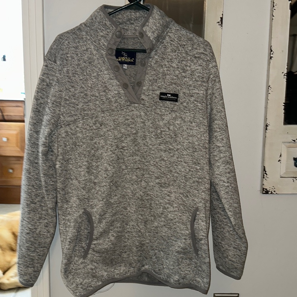Light gray and black Simply Southern Henley sweatshirt.